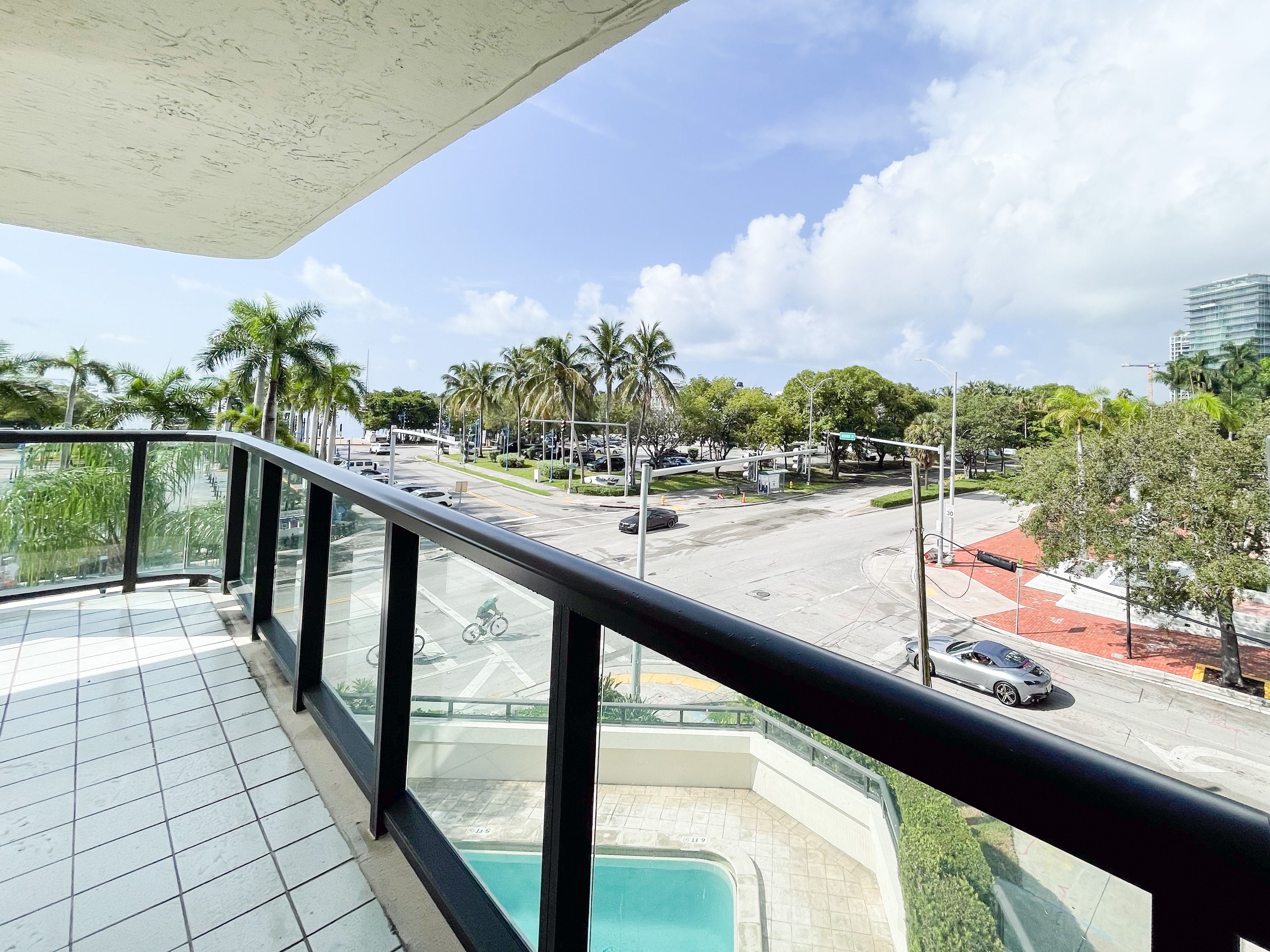 Terrace overlooking pool and Brickell street below